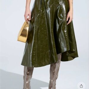 AKIRA Olive Green Patent High-Low Midi Skirt